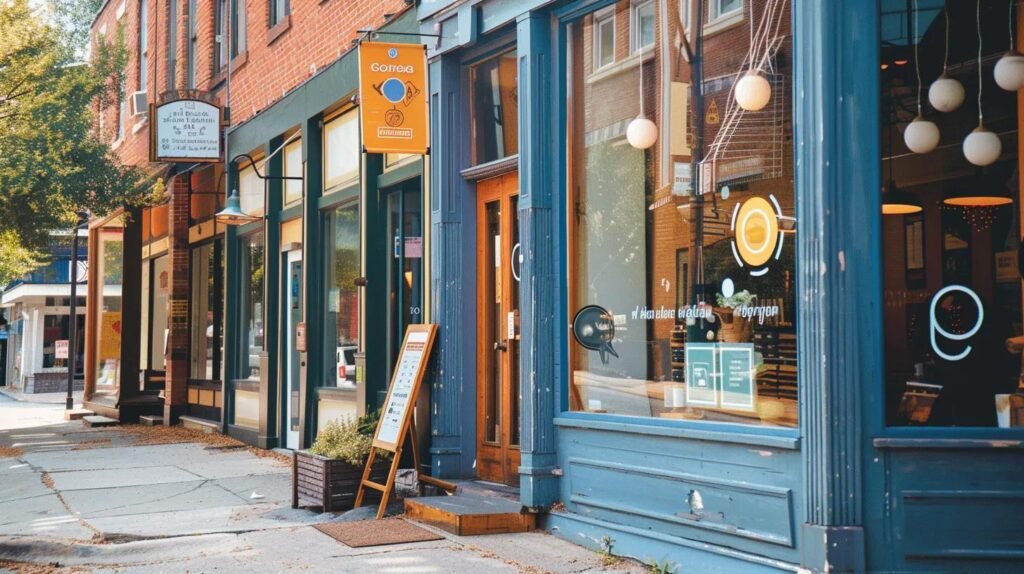 Local Michigan business storefront with digital map overlay for PPC targeting