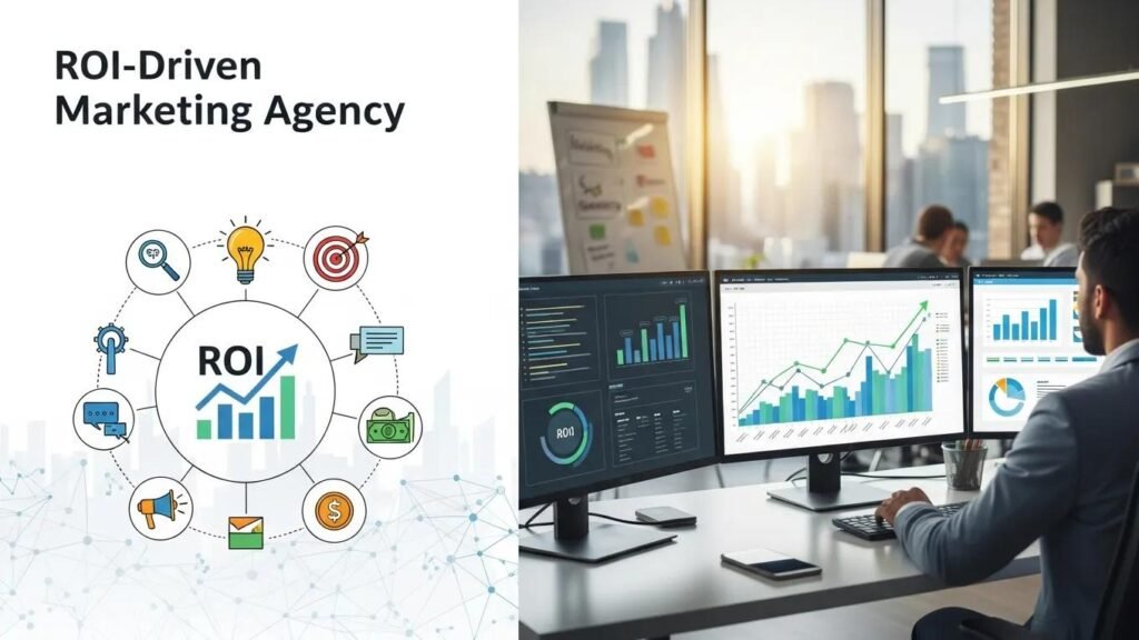 ROI-driven marketing agency with graphs and charts on multiple screens, showcasing data analysis and business growth strategies in a modern office setting.