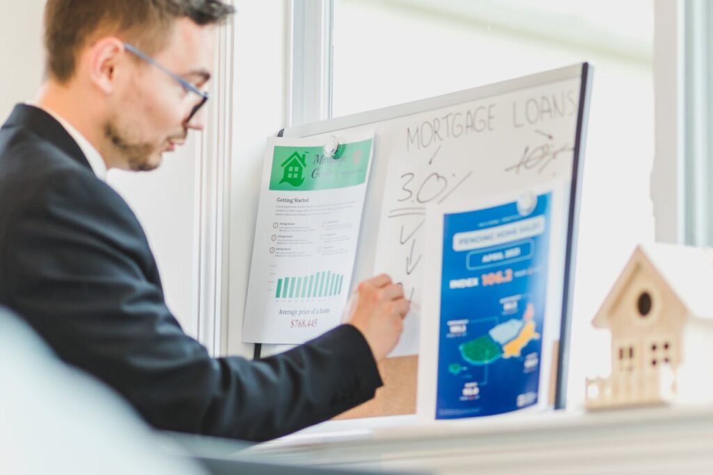 Business professional reviewing mortgage loan information and market data on a bulletin board, highlighting conversion strategies for real estate.