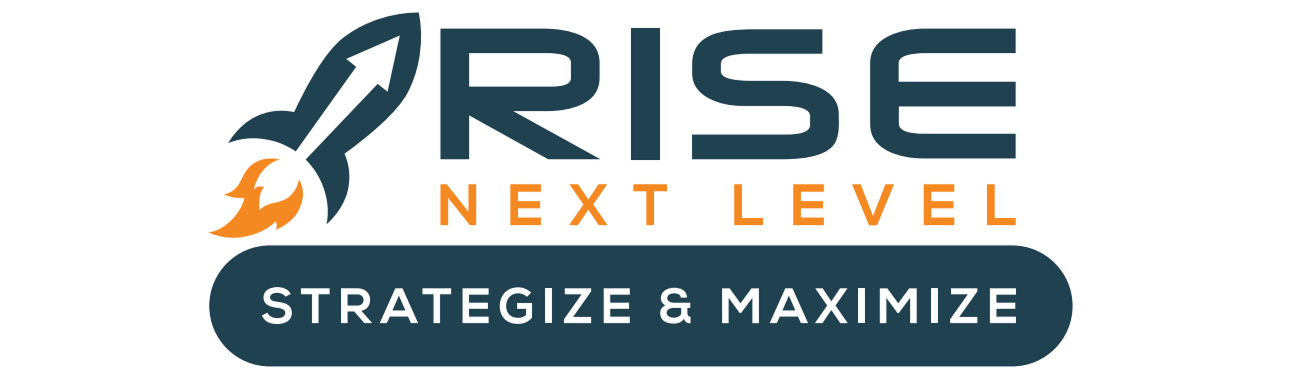 Logo of GoldCore Marketing featuring the word "RISE" with a rocket icon, tagline "Next Level," and "Strategize & Maximize" emphasizing conversion rate optimization and digital marketing strategies.