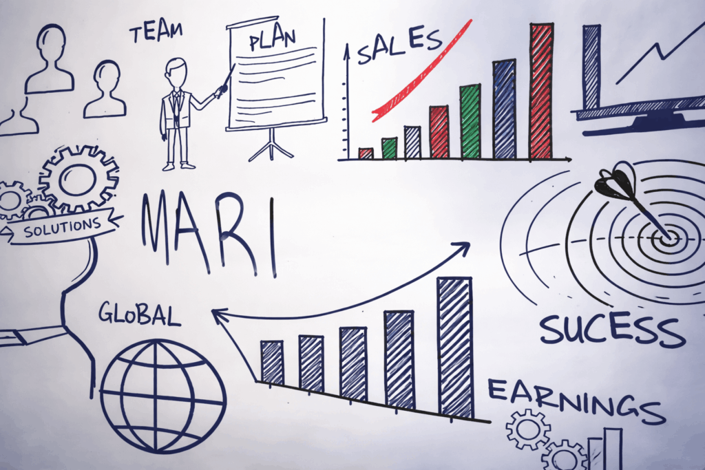 Team planning and sales strategy illustration with growth charts, global solutions, and success targets.