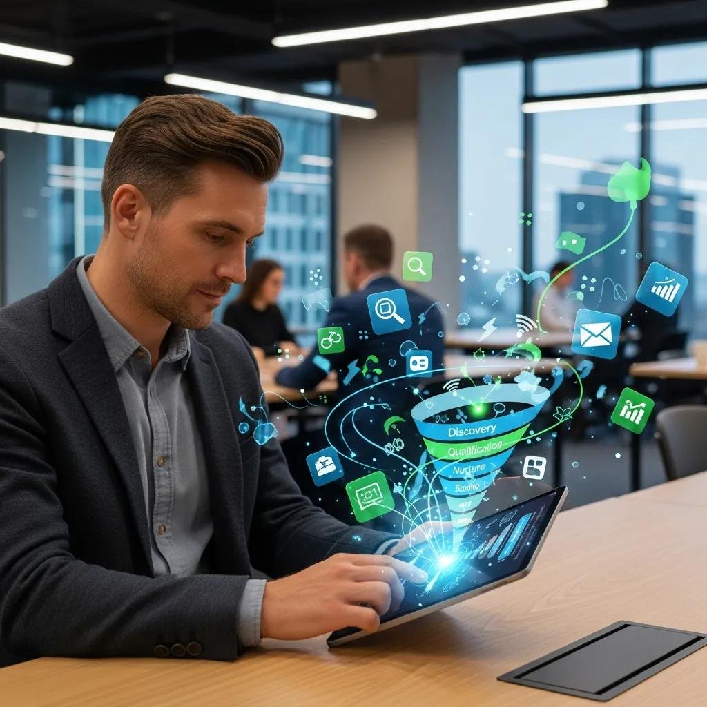 Business professional using a digital lead generation tool in a modern office