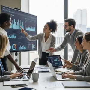 Business professionals collaborating on growth metrics analysis, discussing data insights on a screen in a modern office setting.