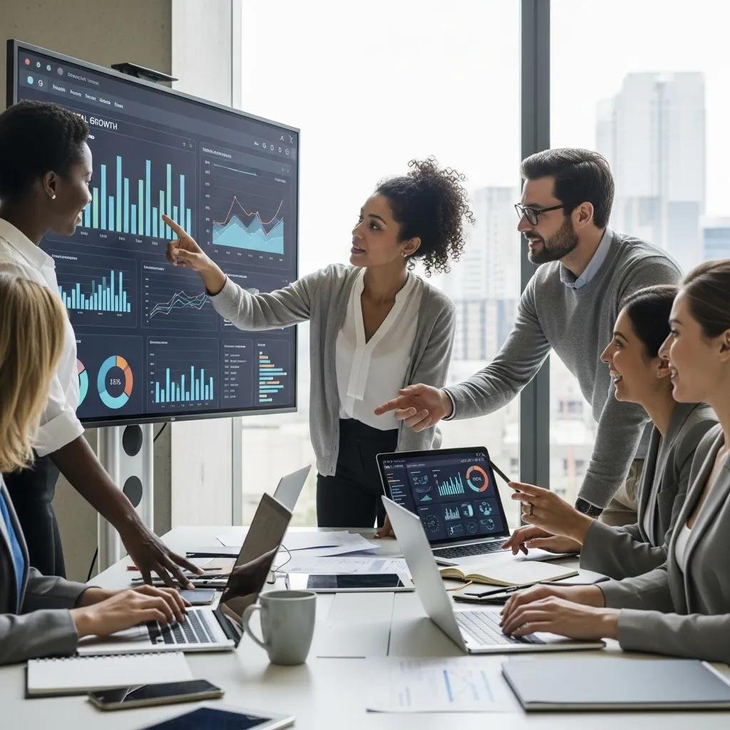Business professionals collaborating on growth metrics analysis in a modern office, discussing data insights displayed on screens and laptops.