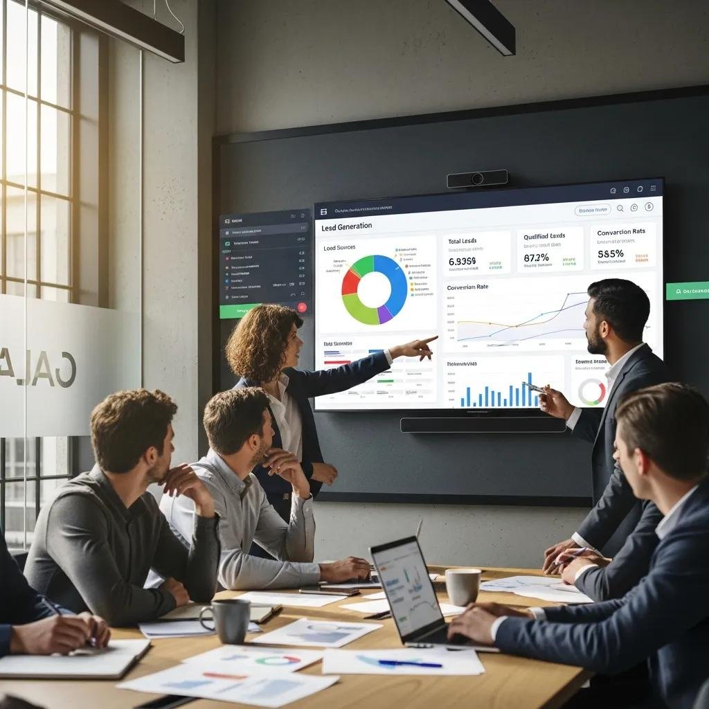 Business team analyzing lead generation analytics data in a conference room