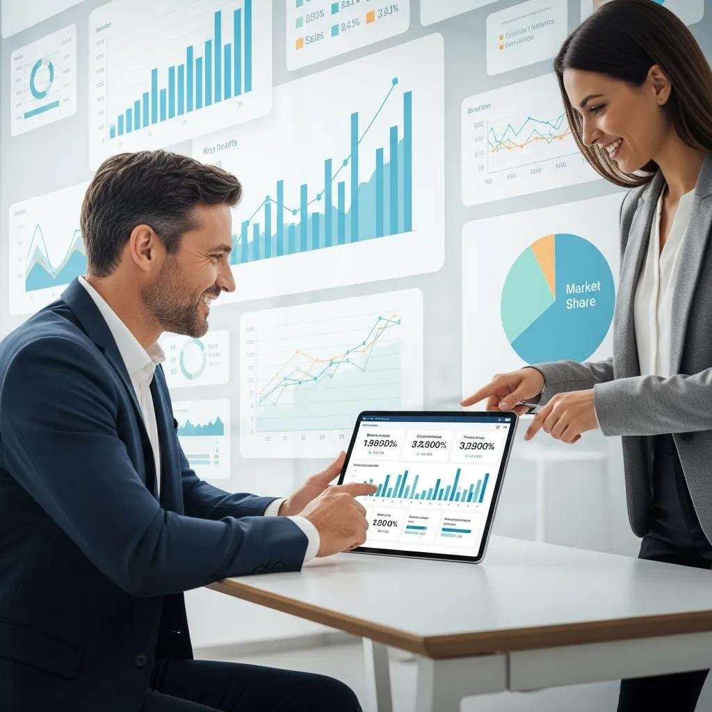 Client reviewing successful marketing campaign results on a tablet in a professional setting