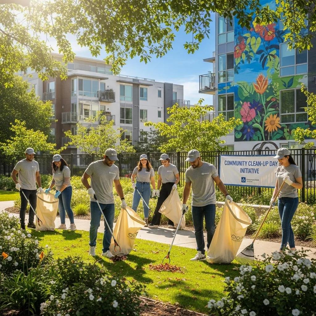Company team participating in a community clean-up, showcasing corporate social responsibility