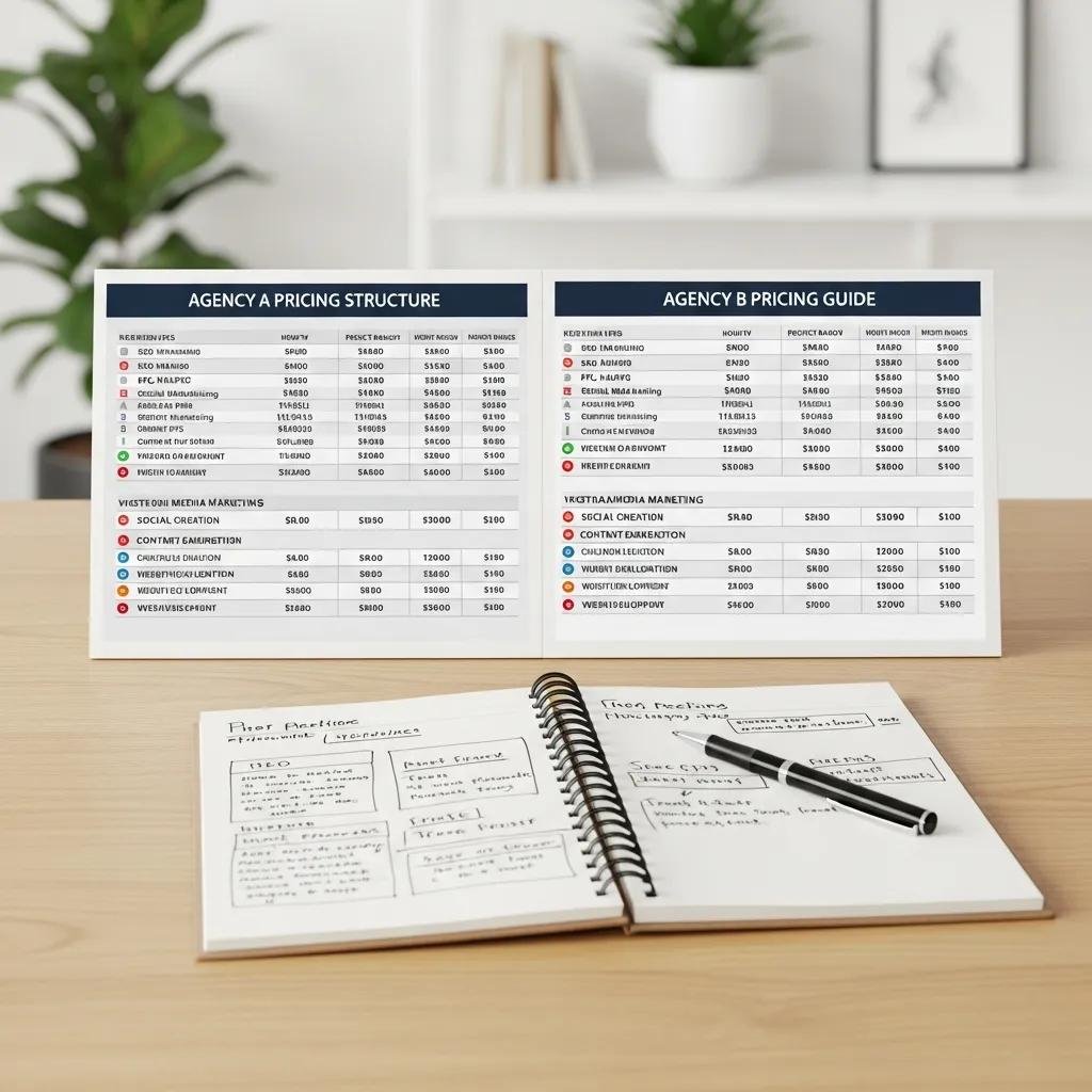 Comparison of digital marketing agency pricing charts on a desk