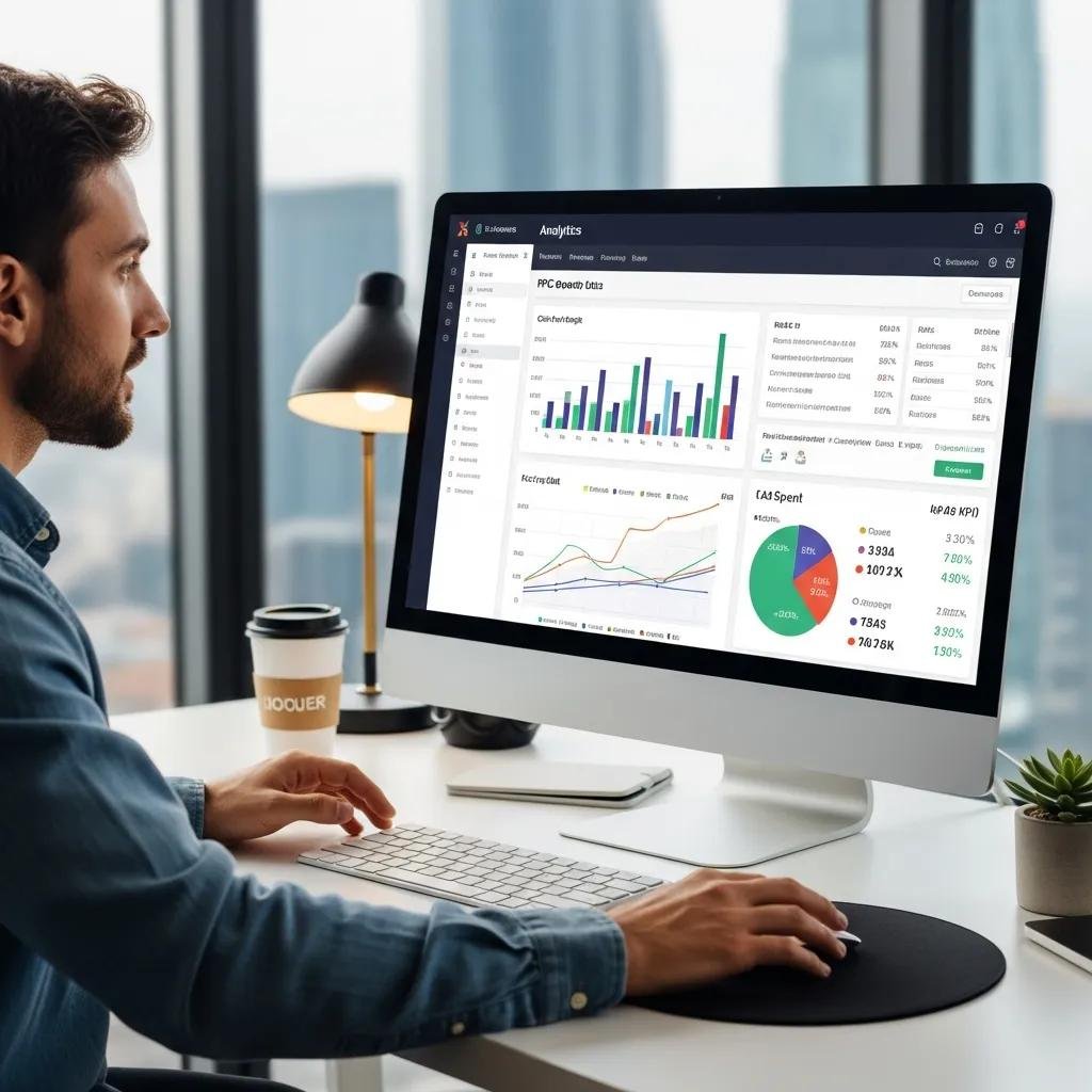 Digital marketing professional analyzing PPC campaign data, highlighting optimization strategies