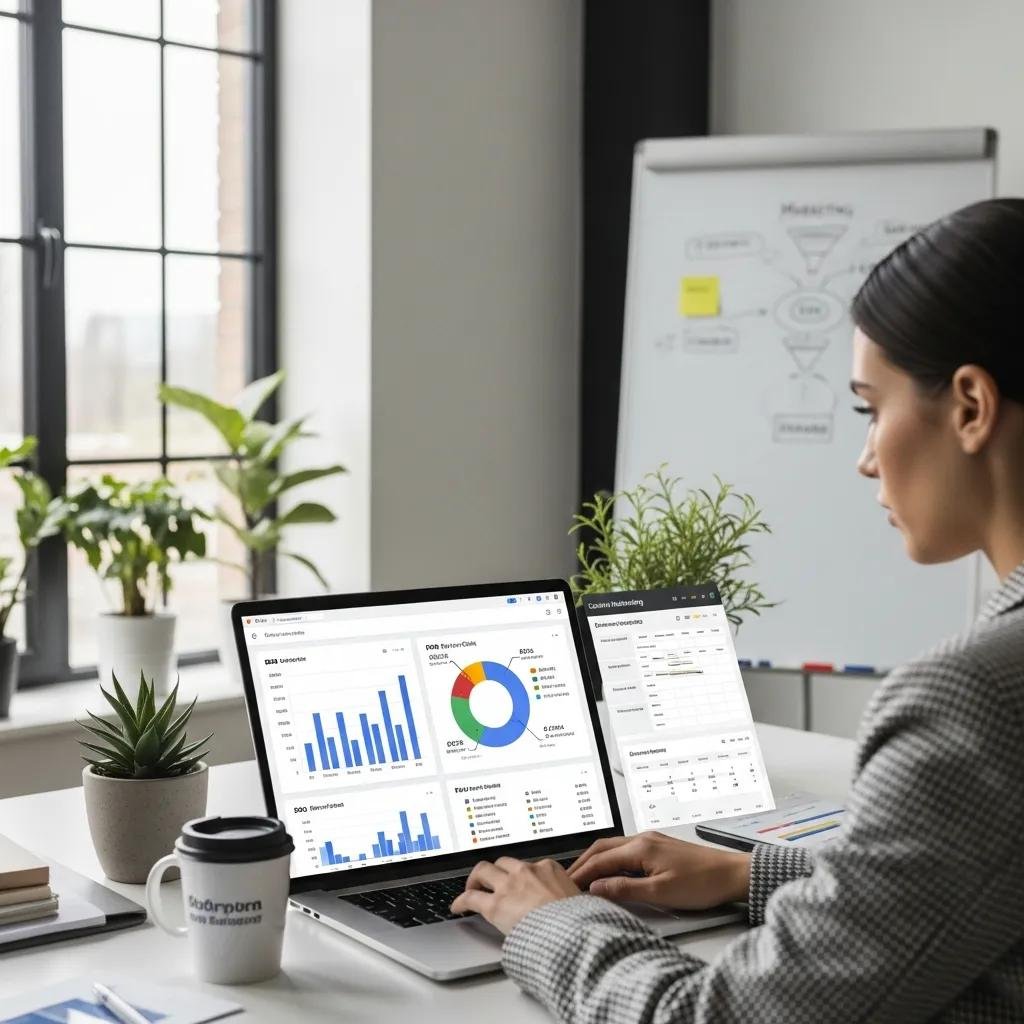 Digital marketing professional analyzing SEO, PPC, and content marketing strategies on a laptop