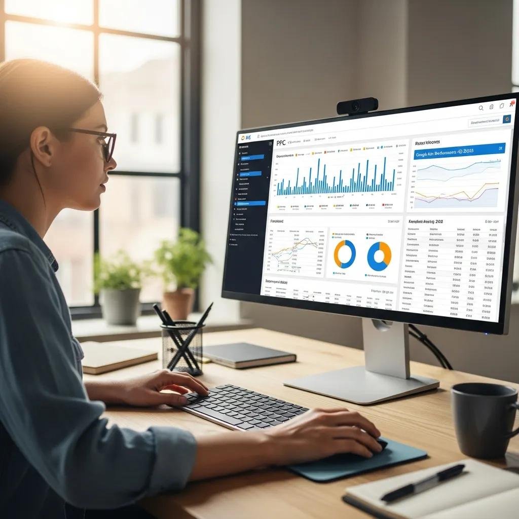Digital marketing specialist analyzing PPC campaign data on a computer