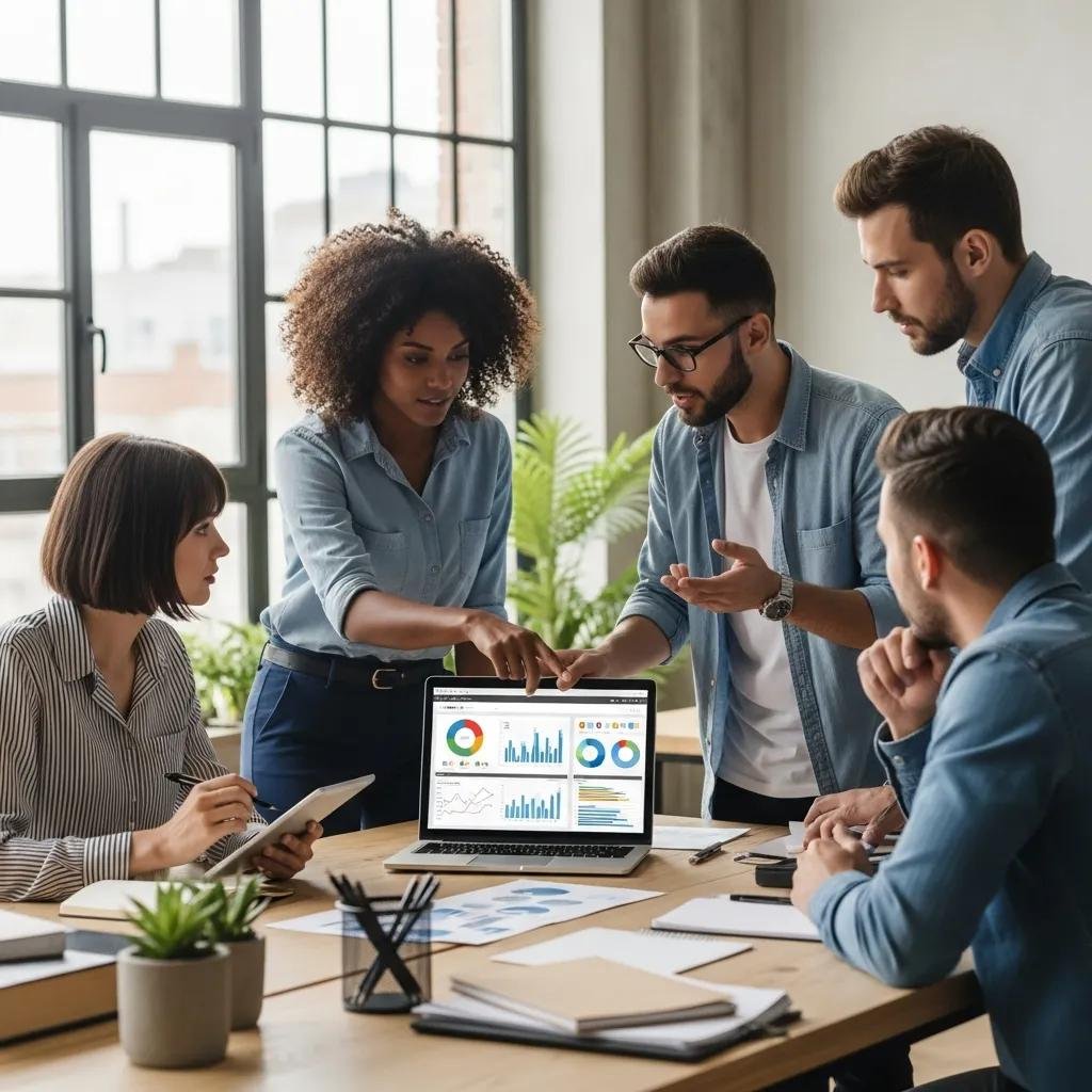 Digital marketing team collaborating in a modern office, emphasizing teamwork and innovation