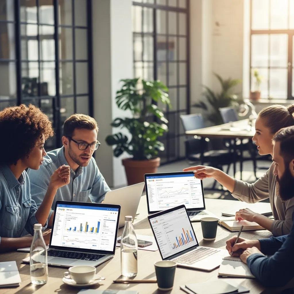 Digital marketing team collaborating on Google Ads strategies in a modern office
