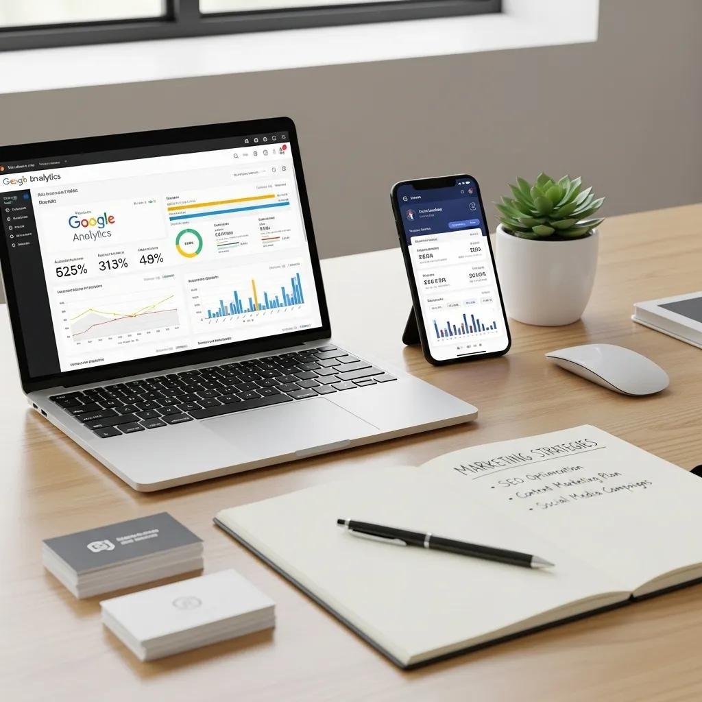 Digital marketing tools including Google Analytics and social media analytics on a desk