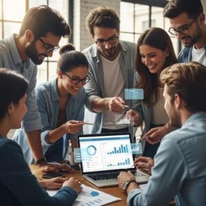 Diverse business owners collaborating on customer journey mapping tools in a modern office, discussing strategies to enhance marketing effectiveness and drive growth.