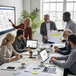 Diverse business owners collaborating on digital marketing strategies in a modern office, discussing growth tactics with laptops and presentation materials.