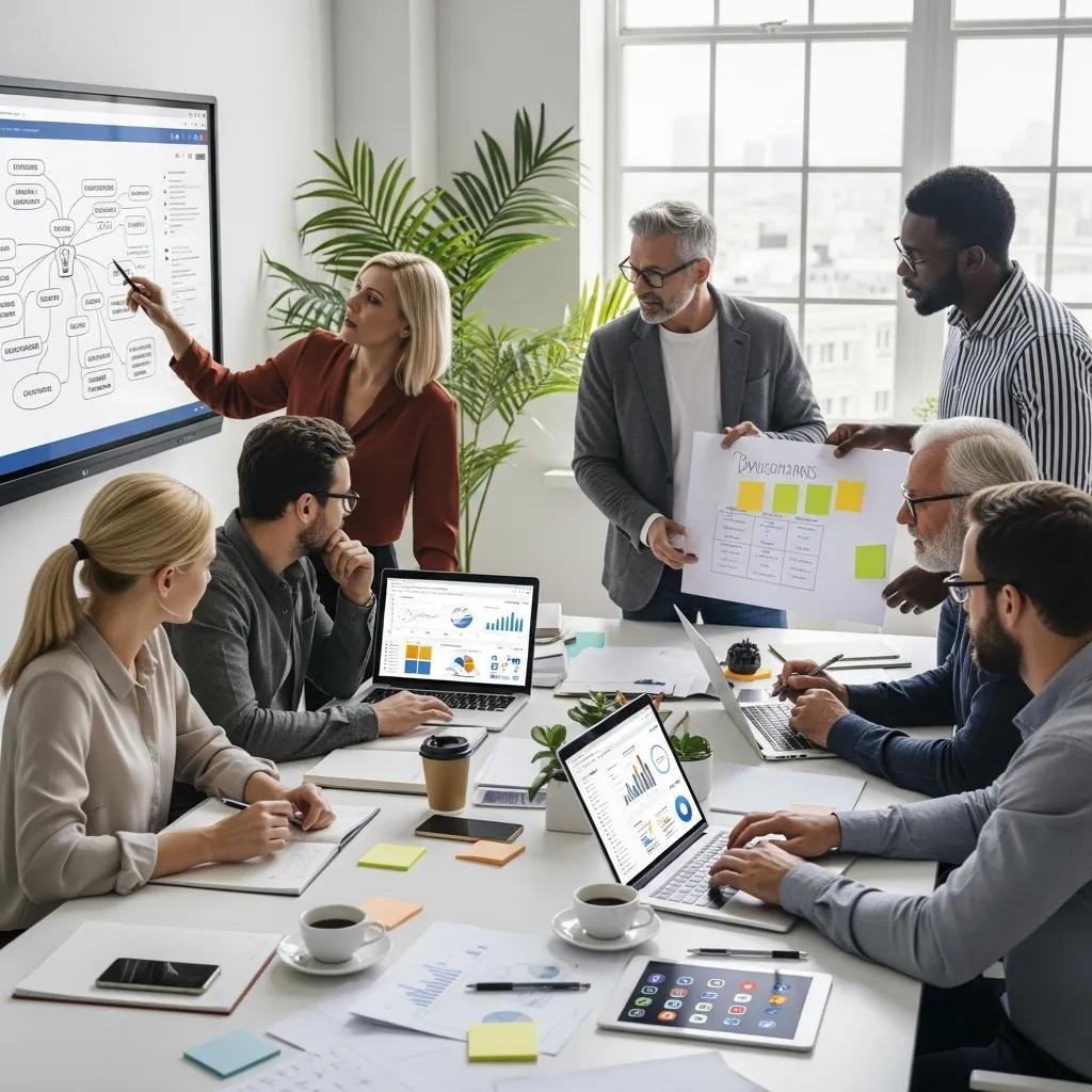 Diverse business owners collaborating on digital marketing strategies in a modern office