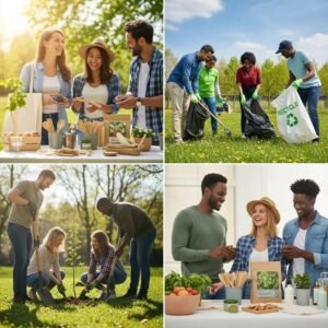 Diverse group of people engaging in eco-friendly marketing activities, including planting, recycling, and promoting sustainability through collaborative efforts.