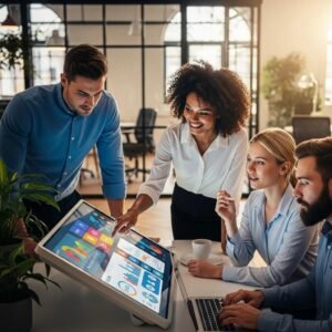 Diverse group of professionals collaborating in a modern office, analyzing digital marketing data on a touchscreen display, emphasizing customer engagement strategies.