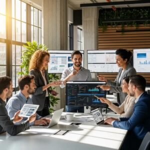 Diverse professionals collaborating in a modern office, discussing digital marketing strategies with data analytics displayed on screens.
