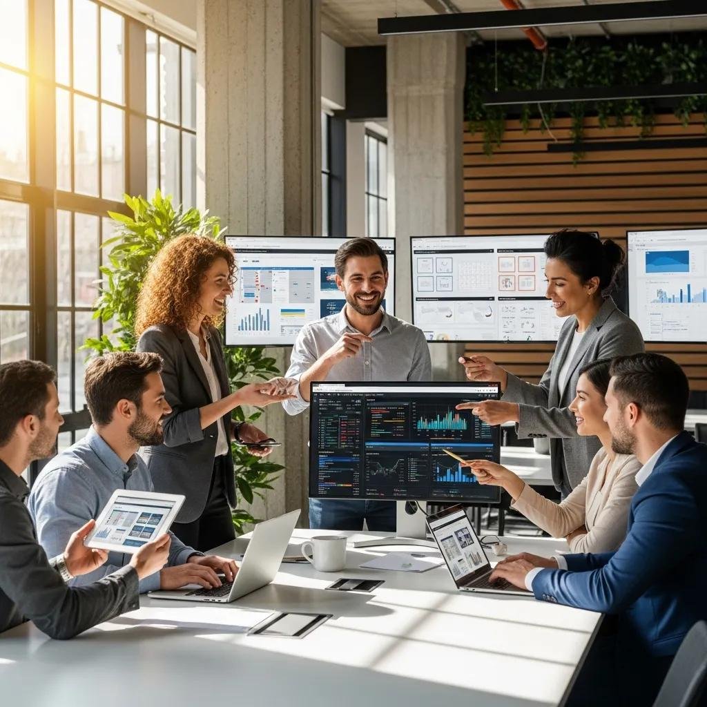 Diverse professionals collaborating in a modern office with digital marketing tools