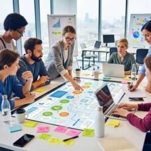 Diverse professionals collaborating on customer journey mapping in a modern office, analyzing strategies to enhance marketing success and improve customer experiences.