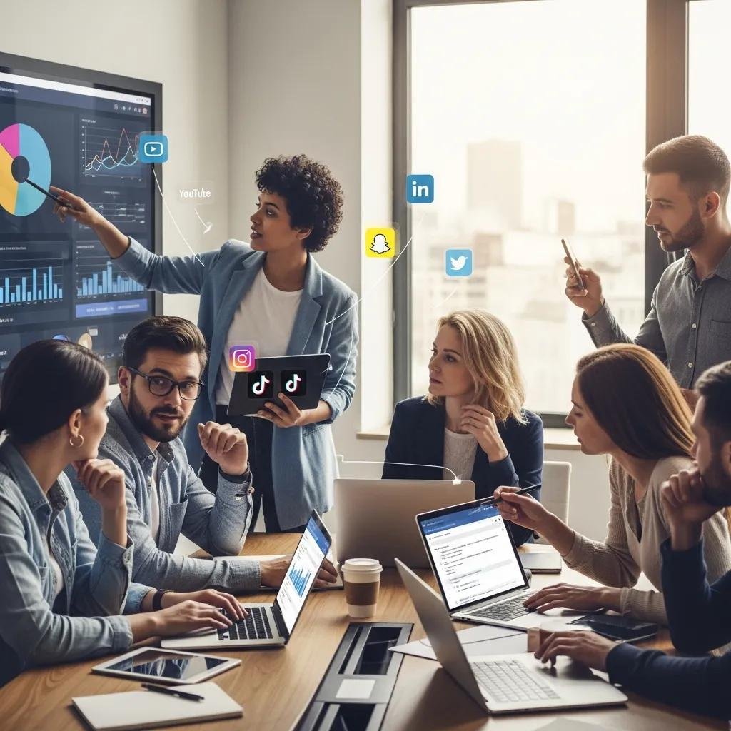 Diverse professionals collaborating on social media marketing strategies in a modern office
