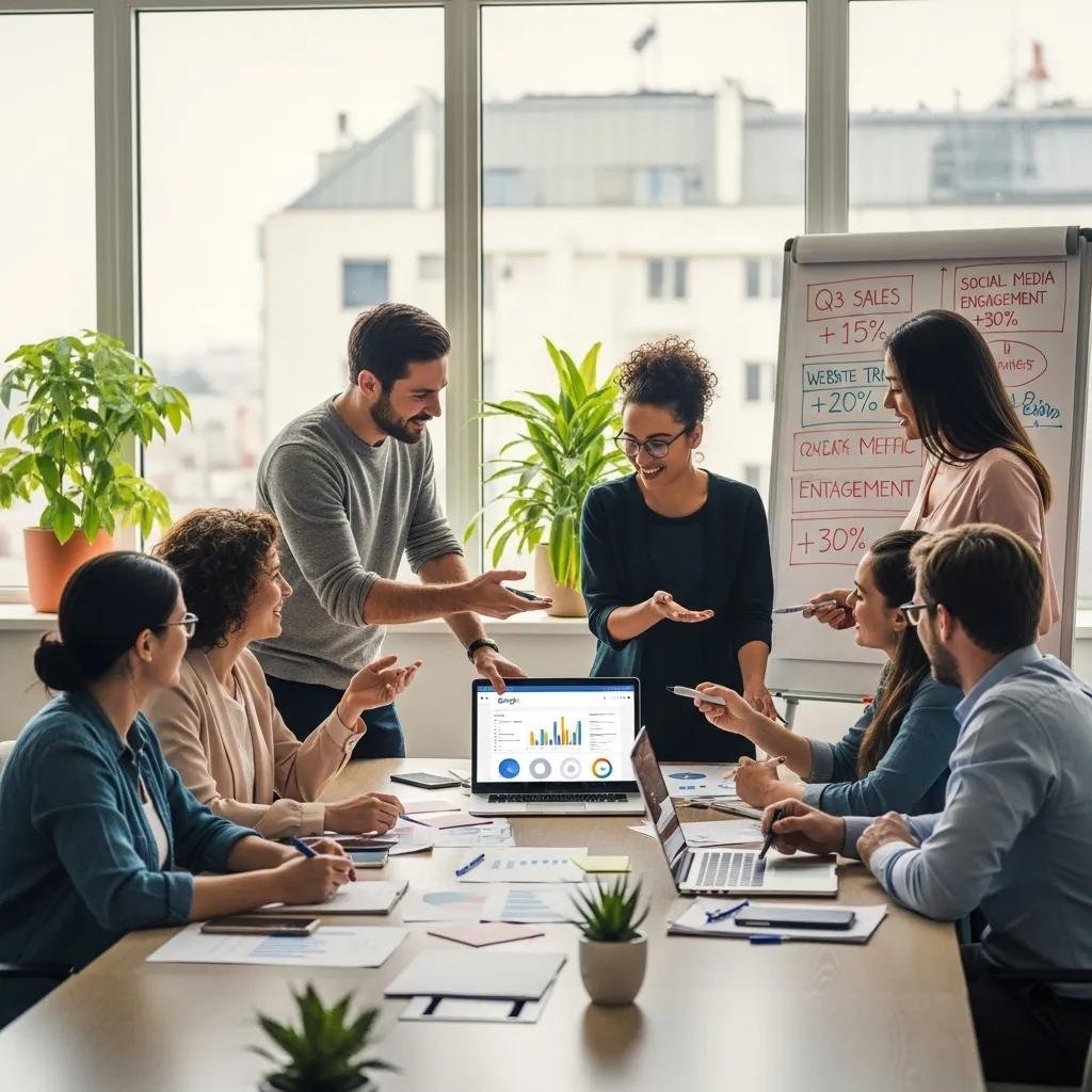 Diverse small business owners collaborating on digital marketing strategies, analyzing growth metrics on a laptop, with charts and notes in a bright meeting room.
