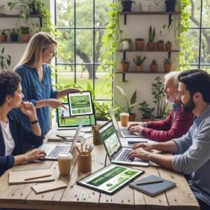 Diverse team collaborating on sustainable digital marketing strategies in eco-friendly workspace with laptops and plants.