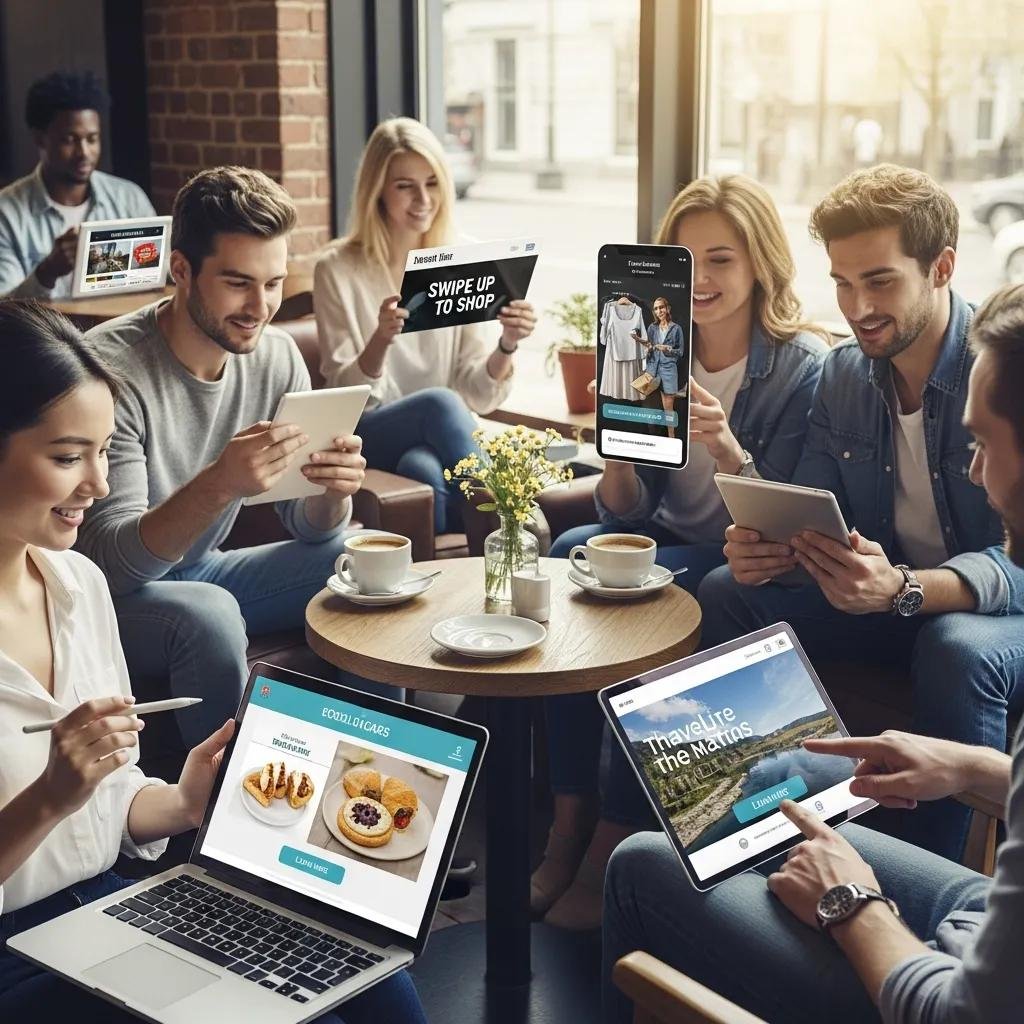 Group of people interacting with a digital marketing campaign in a lively caf&eacute;