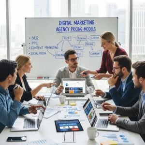 Group of small business owners collaborating on digital marketing strategies, discussing pricing models, with laptops and a whiteboard displaying key marketing terms.
