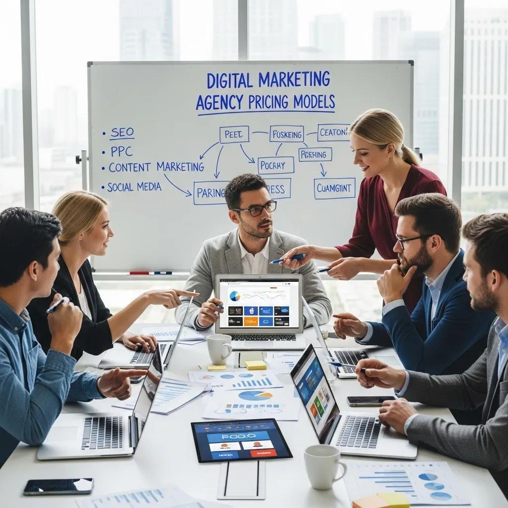 Group of small business owners collaborating on digital marketing strategies in a modern office