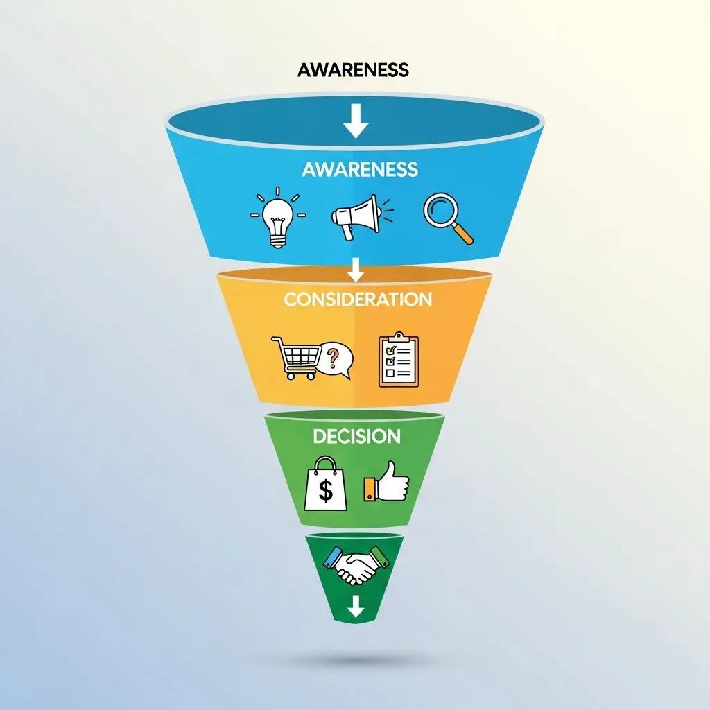 Illustration of a digital marketing funnel highlighting customer journey stages for small businesses