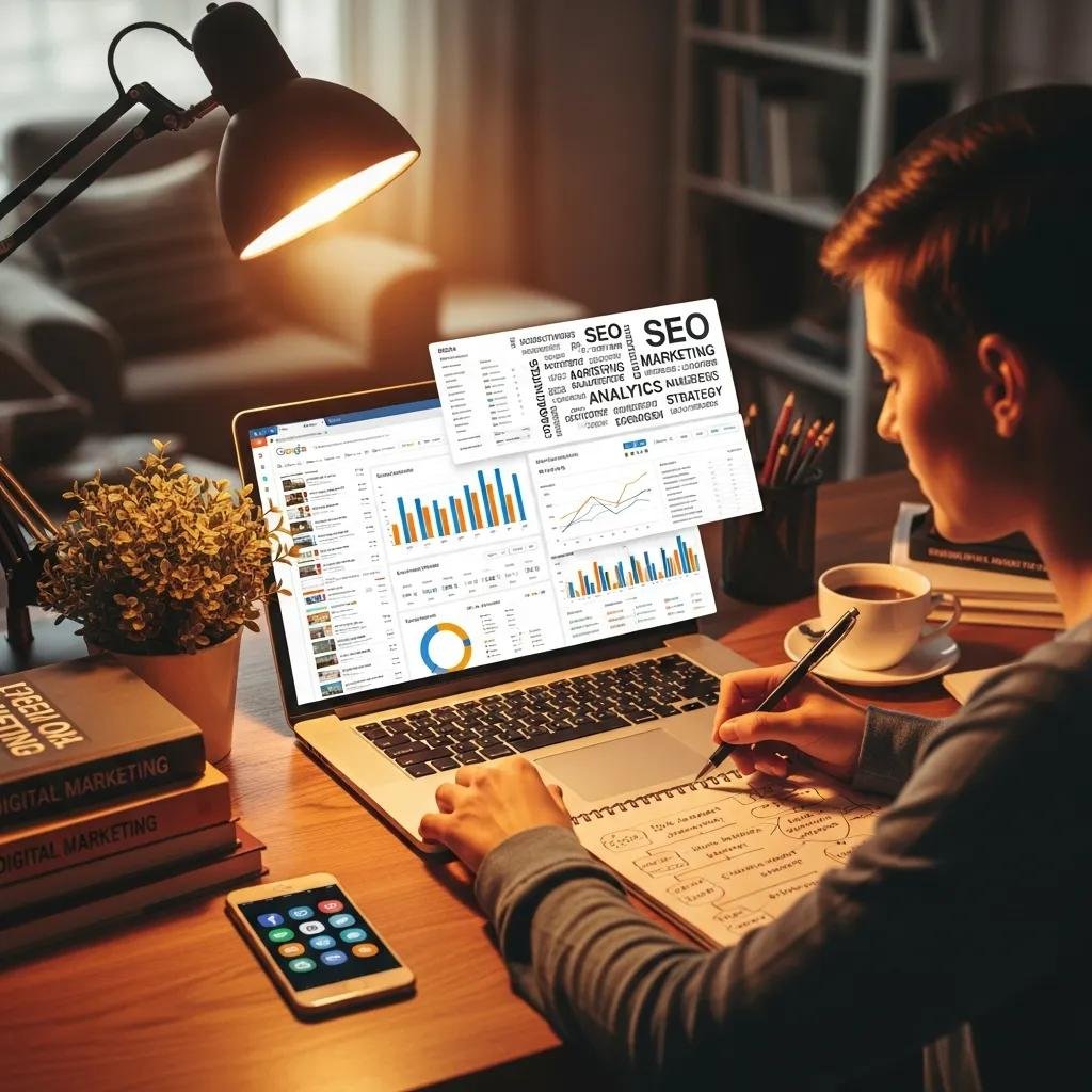 Individual analyzing SEO data on a laptop in a cozy workspace, highlighting the importance of SEO