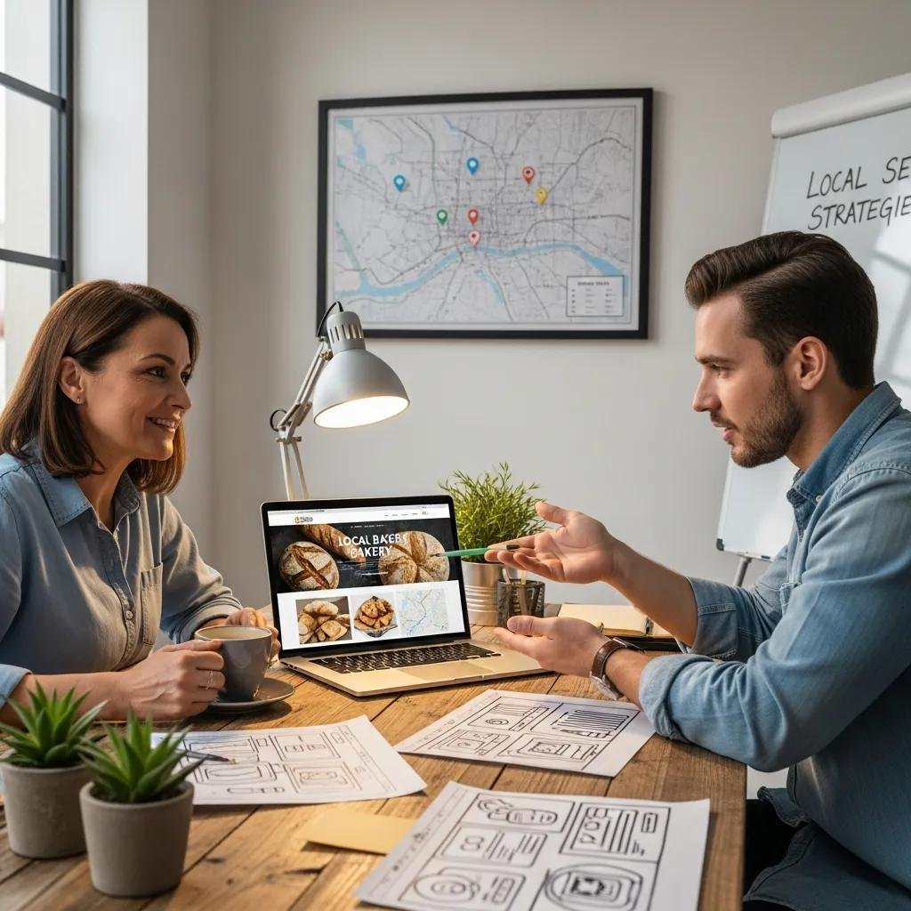 Local business owner collaborating with a web designer in a cozy office, emphasizing local expertise