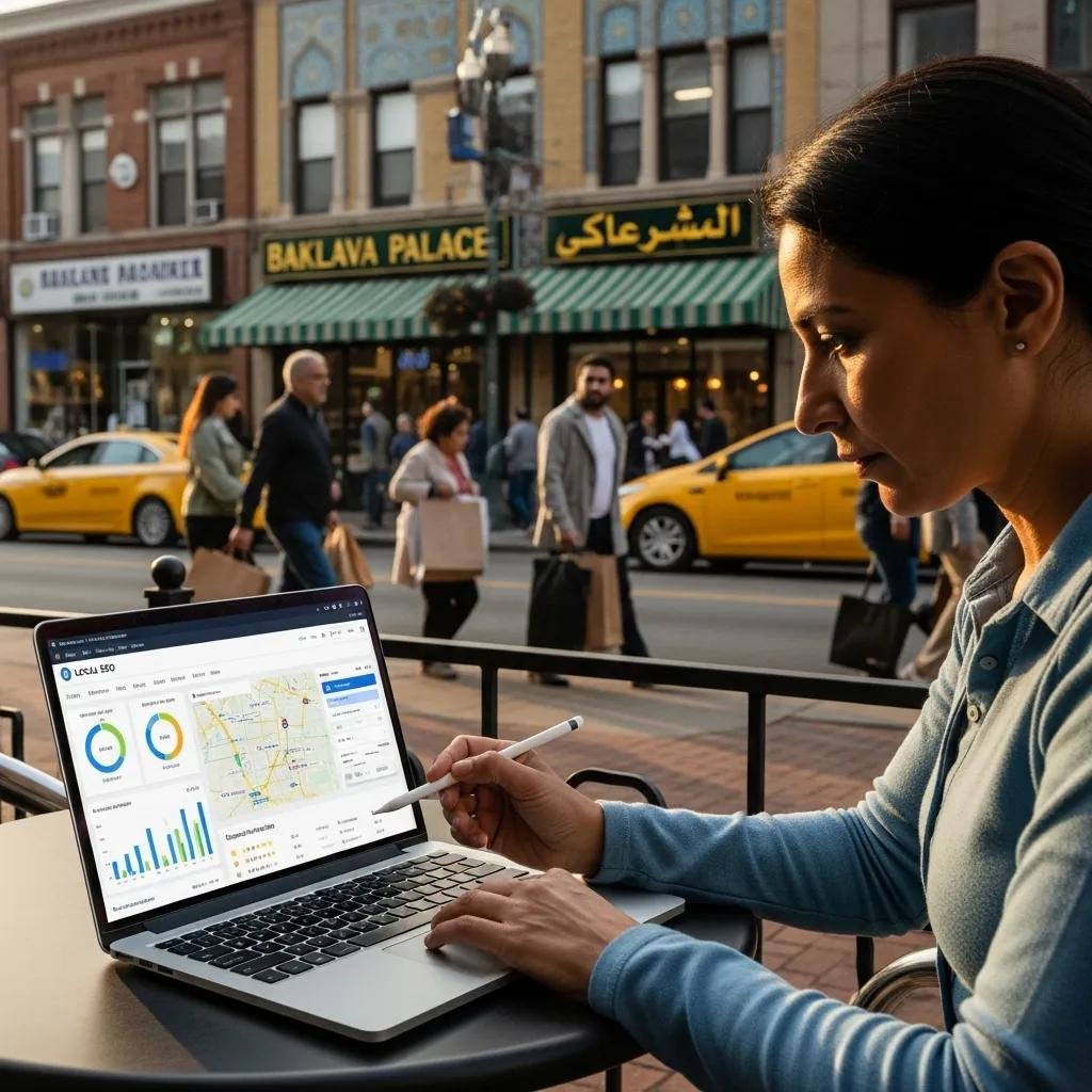 Local business owner reviewing online presence with a focus on community engagement