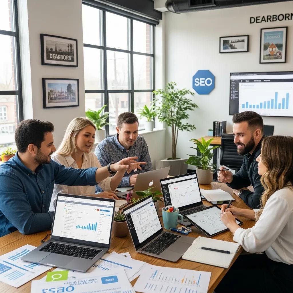 Local SEO agency team collaborating in a modern office setting