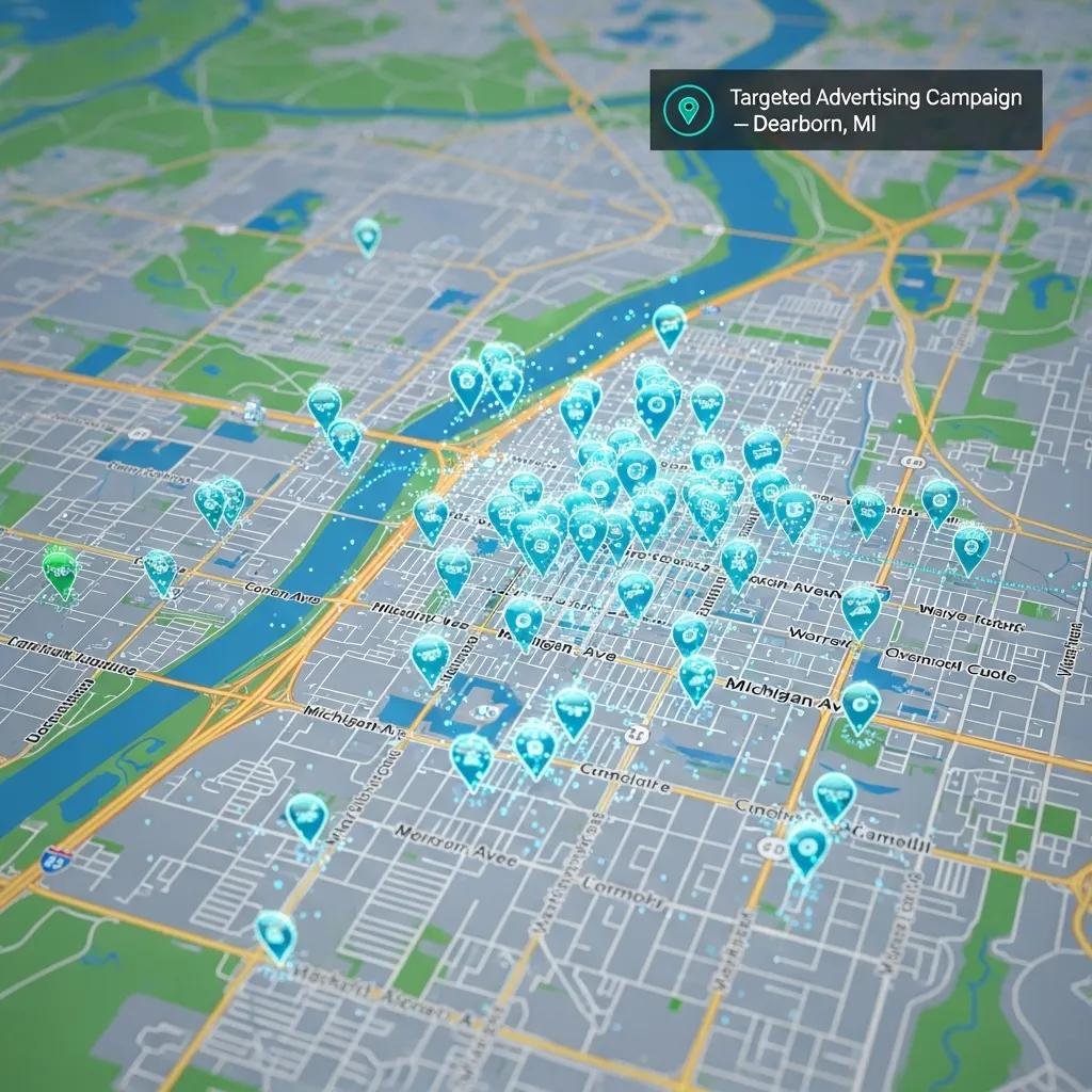Map of Dearborn, MI with digital markers for targeted advertising locations