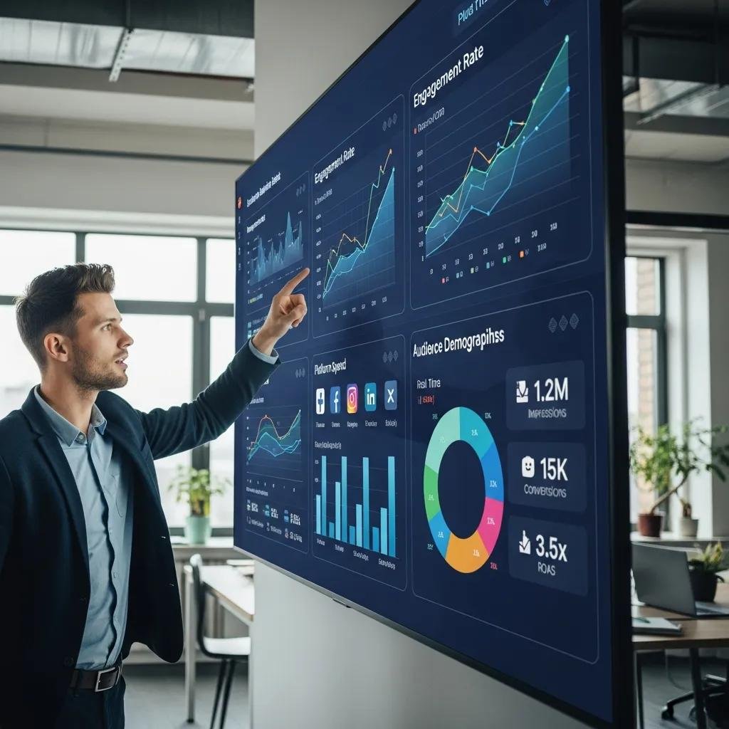 Marketing professional analyzing social media advertising performance data in a bright office