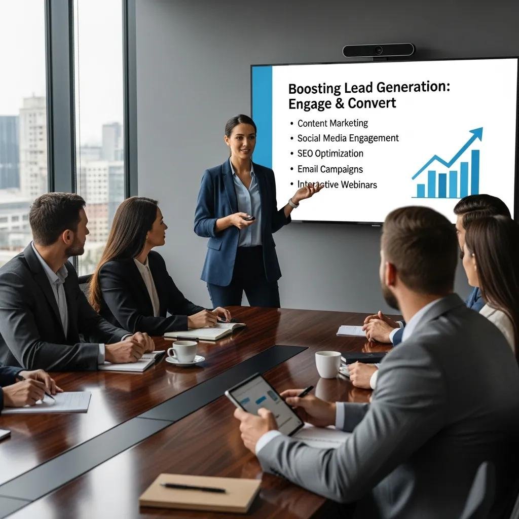 Marketing professional presenting lead generation solutions to clients in a conference room