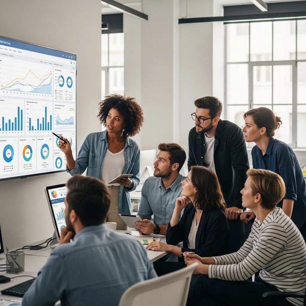 Marketing team analyzing data and discussing strategies in a bright office