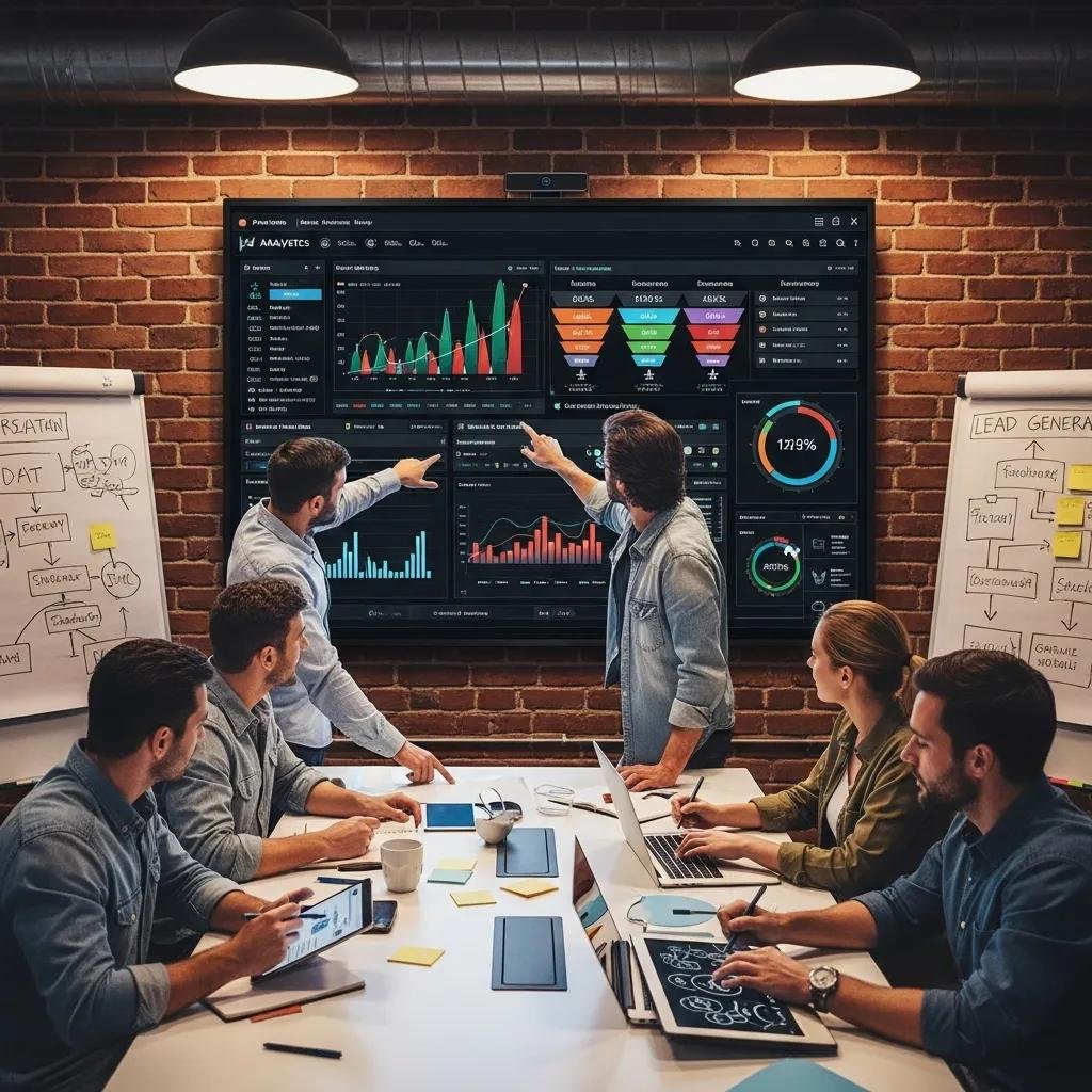 Marketing team analyzing data for lead generation strategies in a collaborative workspace
