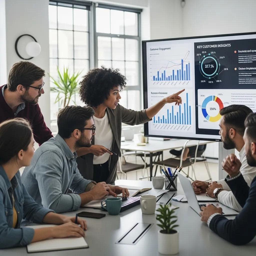 Marketing team analyzing data to enhance strategies in a collaborative office setting