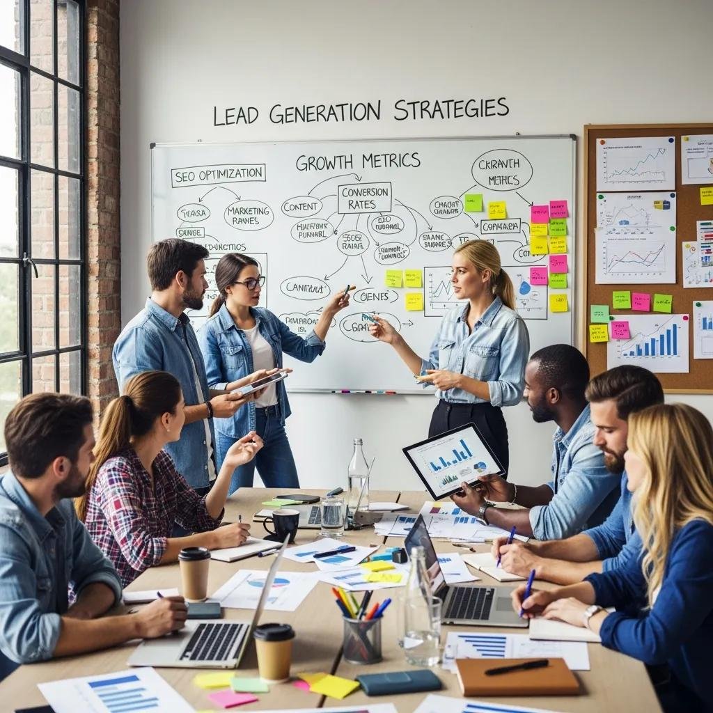 Marketing team brainstorming lead generation strategies in a creative workspace