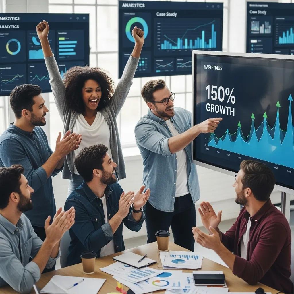 Marketing team celebrating success after analyzing case studies for growth strategies