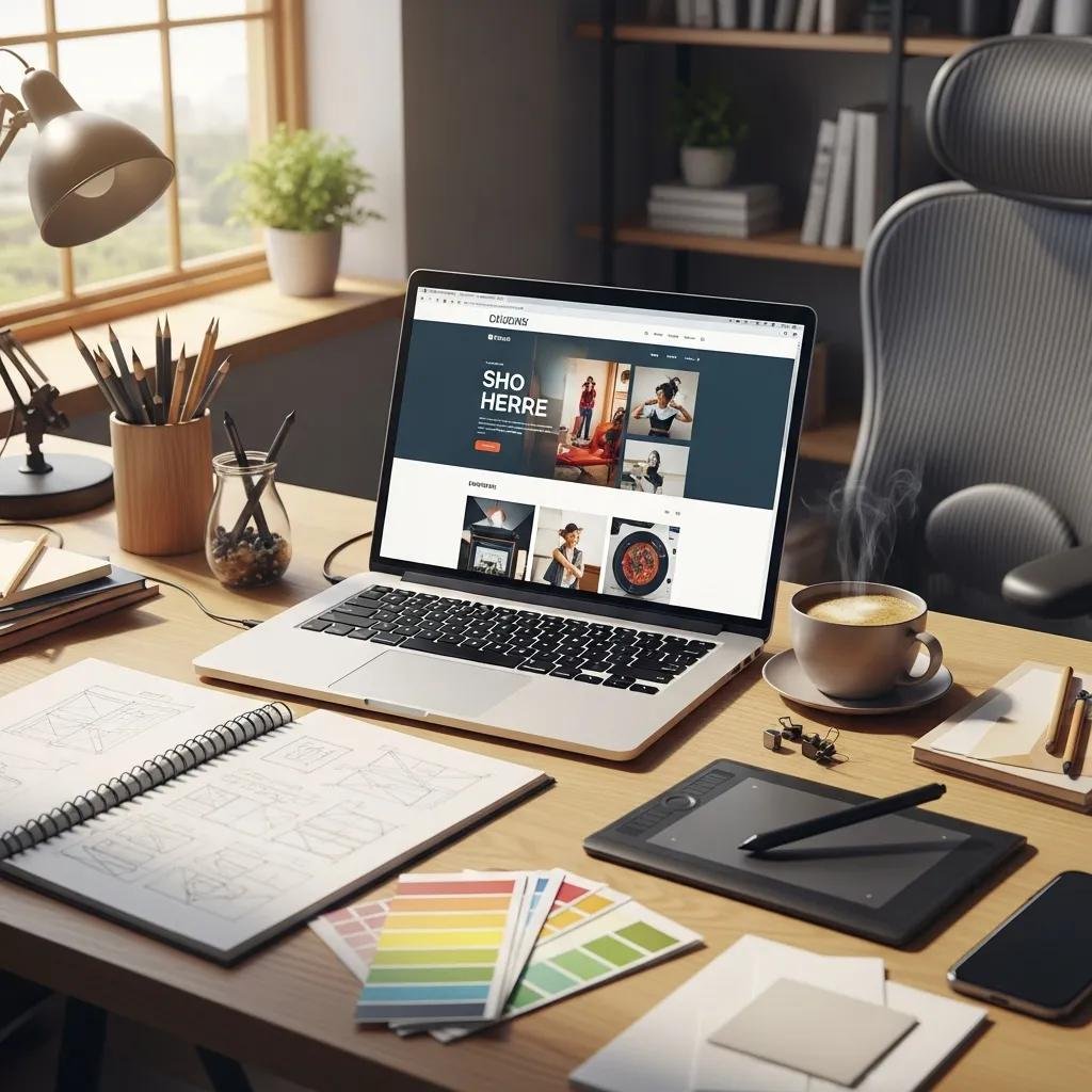 Modern web design workspace with a laptop displaying a website, design tools, and a creative atmosphere