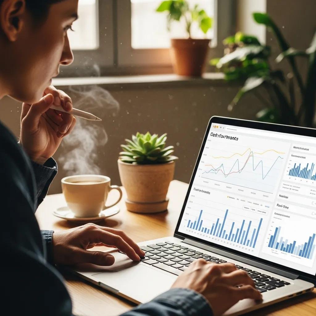 Person analyzing website performance metrics on a laptop in a cozy workspace