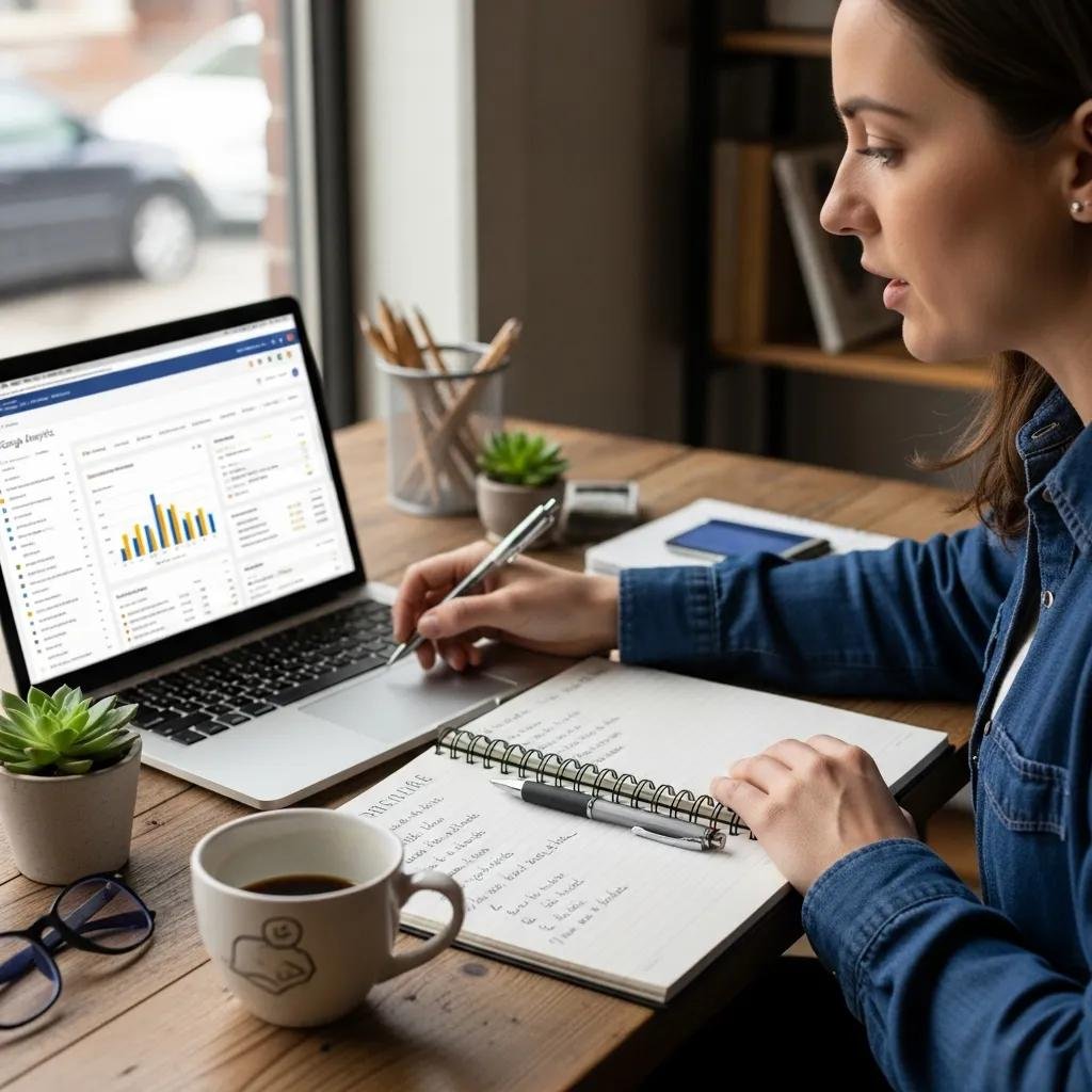 Professional conducting an SEO audit for a small business with analytics displayed