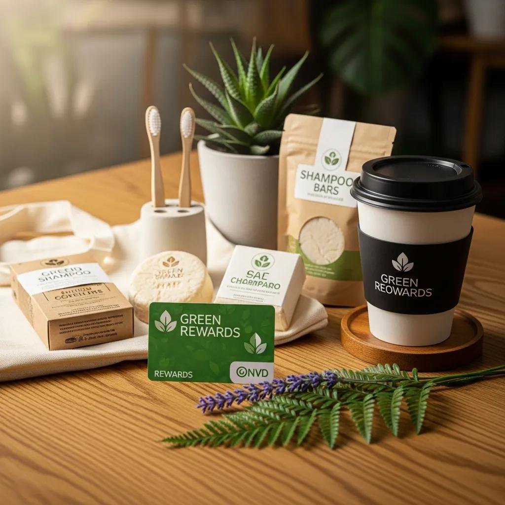 Rewards card alongside eco-friendly products, representing loyalty programs that foster sustainable customer relationships