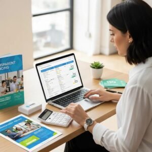 Small business owner analyzing digital marketing pricing options on a laptop, surrounded by promotional materials about transparent pricing and marketing solutions.